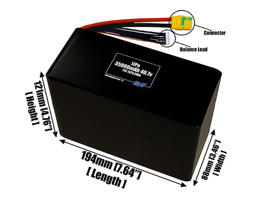 Size reference photo of the 35000mAh 40.7V LiPo pack showing 194 mm by 88 mm by 121 mm dimensions ideal for drones or large robotic systems where space matters.