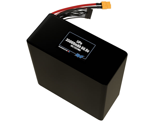 Compact 66.6-volt 35000mAh lithium-polymer battery, built for lightweight drone, UAV, and robotics projects.