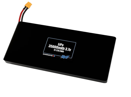 Compact 3.7-volt 35000mAh lithium-polymer battery, built for lightweight drone, UAV, and robotics projects.