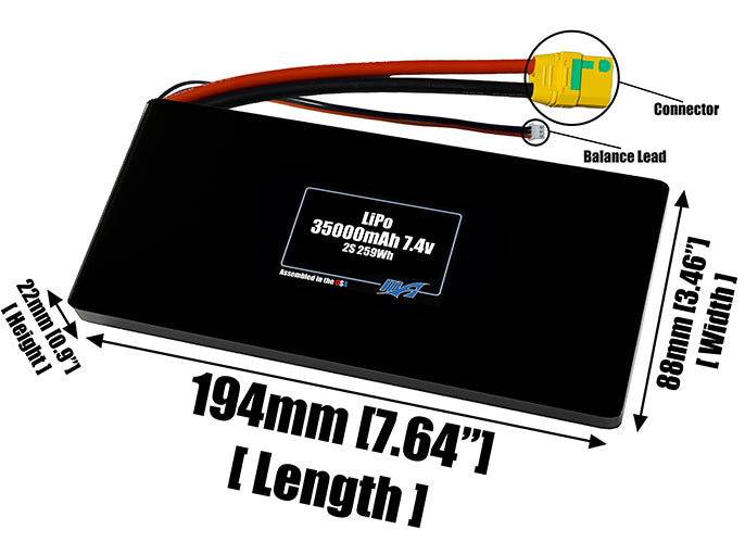 Size reference photo of the 35000mAh 7.4V LiPo pack showing 194 mm by 88 mm by 22 mm dimensions ideal for drones or large robotic systems where space matters.