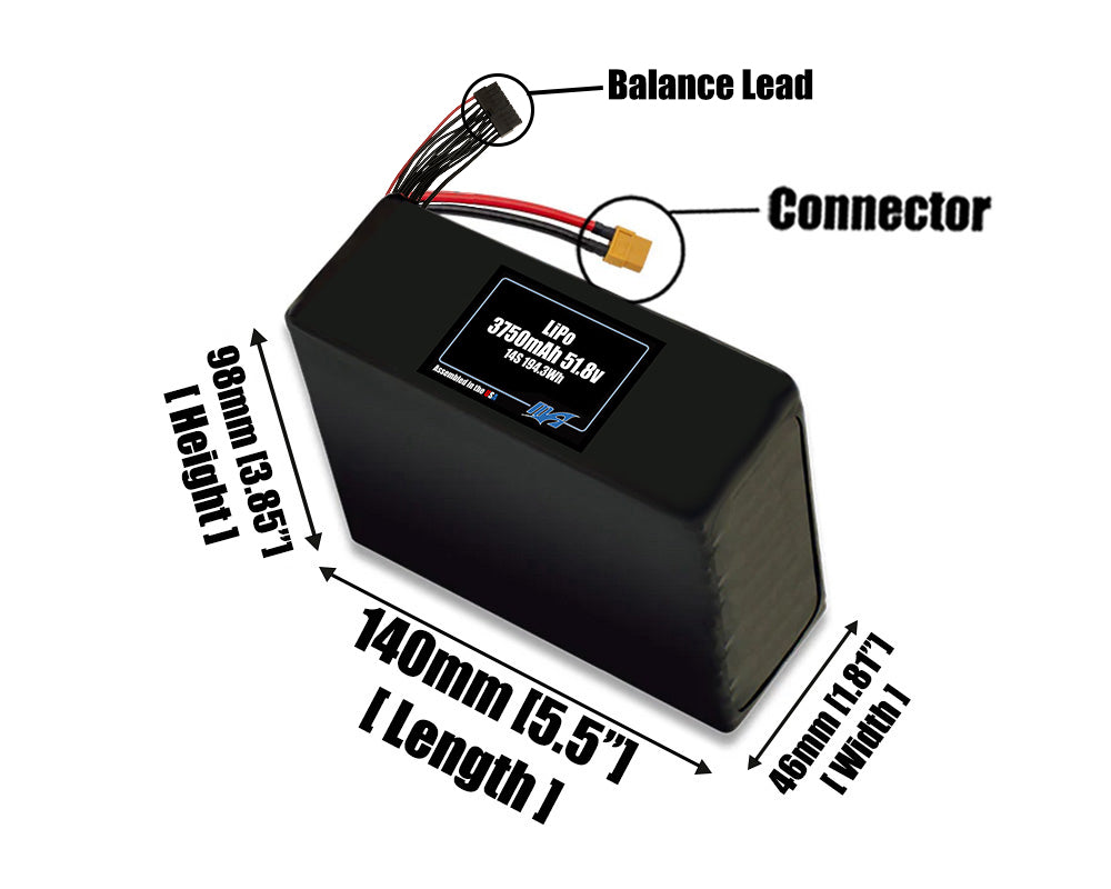 Size reference photo of the 3750mAh 51.8V LiPo pack showing 140 mm by 46 mm by 98 mm dimensions ideal for drones or robotic systems where space matters.