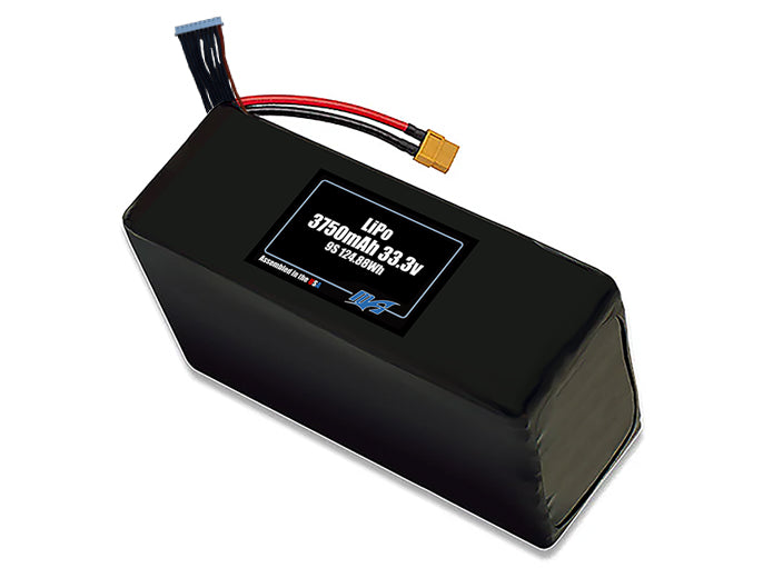 Compact 33.3-volt 3750mAh lithium-polymer battery, built for lightweight drone, UAV, and robotics projects.