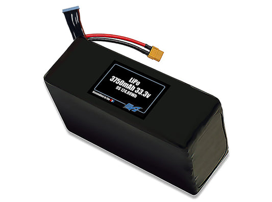 Compact 33.3-volt 3750mAh lithium-polymer battery, built for lightweight drone, UAV, and robotics projects.