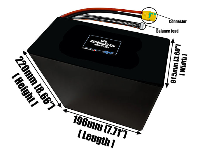 Size reference photo of the 46000mAh 307V LiPo pack showing 196 mm by 91.5 mm by 220 mm dimensions ideal for drones or large robotic systems where space matters.