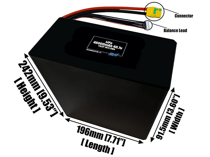 Size reference photo of the 46000mAh 40.7V LiPo pack showing 196 mm by 91.5 mm by 242 mm dimensions ideal for drones or large robotic systems where space matters.