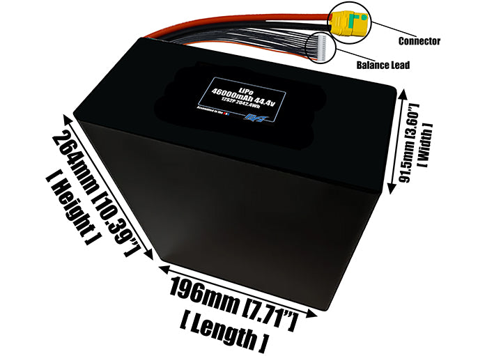 Size reference photo of the 46000mAh 44.4V LiPo pack showing 196 mm by 91.5 mm by 264 mm dimensions ideal for drones or large robotic systems where space matters.