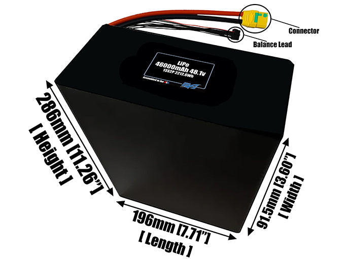 Size reference photo of the 46000mAh 48.1V LiPo pack showing 196 mm by 91.5 mm by 286 mm dimensions ideal for drones or large robotic systems where space matters.