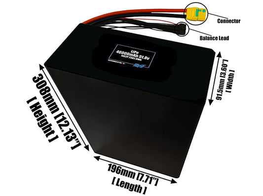 Size reference photo of the 46000mAh 51.8V LiPo pack showing 196 mm by 91.5 mm by 308 mm dimensions ideal for drones or large robotic systems where space matters.