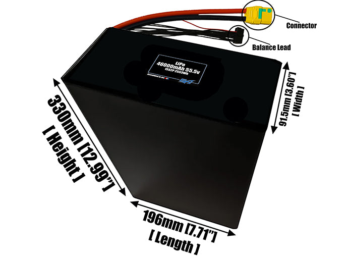 Size reference photo of the 46000mAh 55.5V LiPo pack showing 196 mm by 91.5 mm by 330 mm dimensions ideal for drones or large robotic systems where space matters.