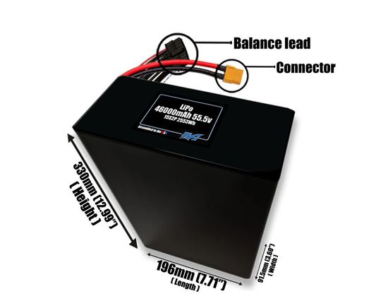Size reference photo of the 46000mAh 55.5V LiPo pack showing 196 mm by 91.5 mm by 330 mm dimensions ideal for drones or large robotic systems where space matters.