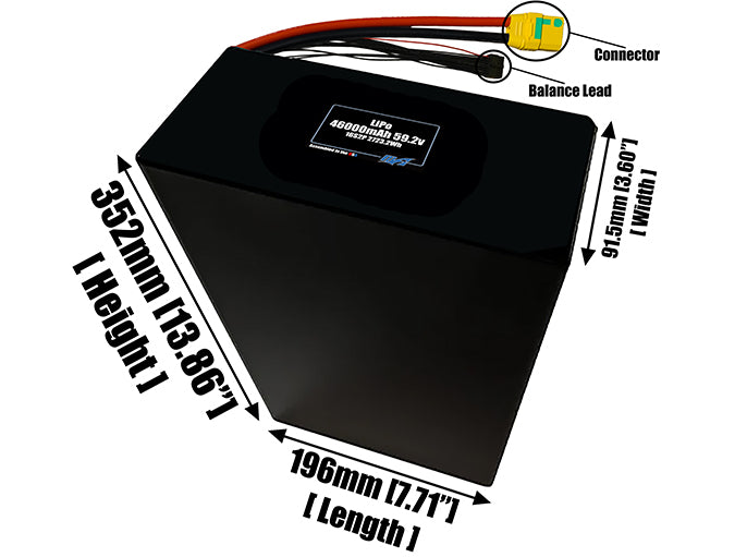 Size reference photo of the 46000mAh 59.2V LiPo pack showing 196 mm by 91.5 mm by 352 mm dimensions ideal for drones or large robotic systems where space matters.