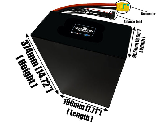 Size reference photo of the 46000mAh 62.9V LiPo pack showing 196 mm by 91.5 mm by 374 mm dimensions ideal for drones or large robotic systems where space matters.