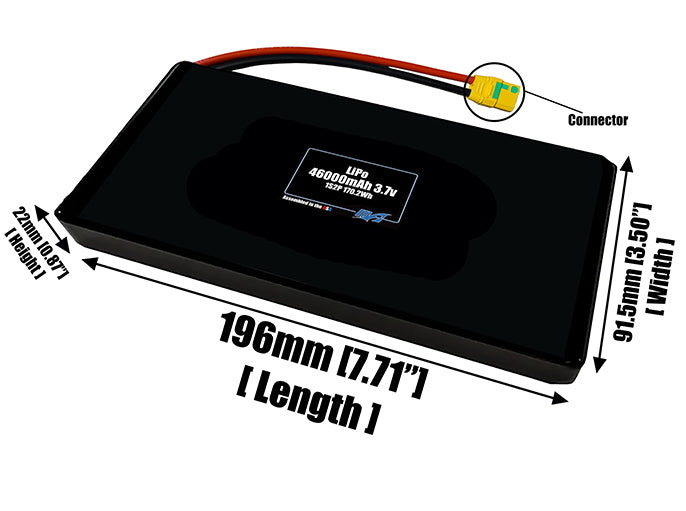 Size reference photo of the 46000mAh 3.7V LiPo pack showing 196 mm by 91.5 mm by 22 mm dimensions ideal for drones or large robotic systems where space matters.