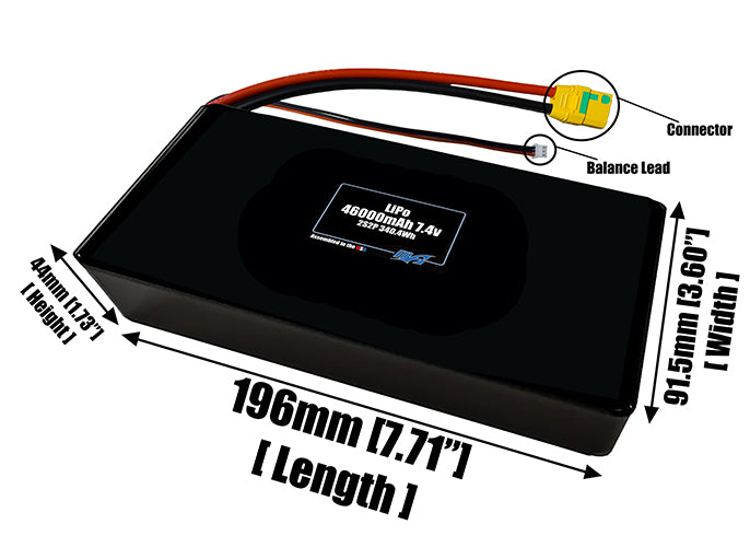 Size reference photo of the 46000mAh 7.4V LiPo pack showing 196 mm by 91.5 mm by 44 mm dimensions ideal for drones or large robotic systems where space matters.