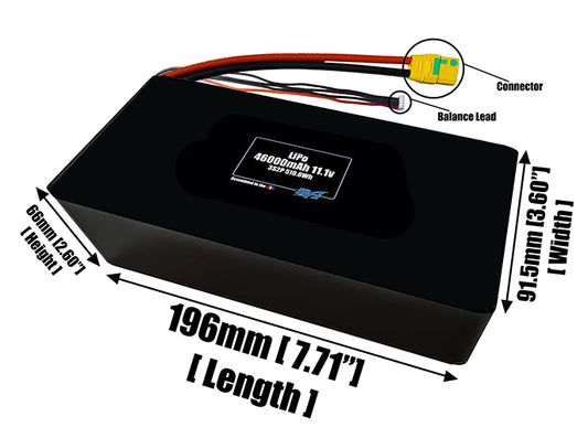 Size reference photo of the 46000mAh 11.1V LiPo pack showing 196 mm by 91.5 mm by 66 mm dimensions ideal for drones or large robotic systems where space matters.