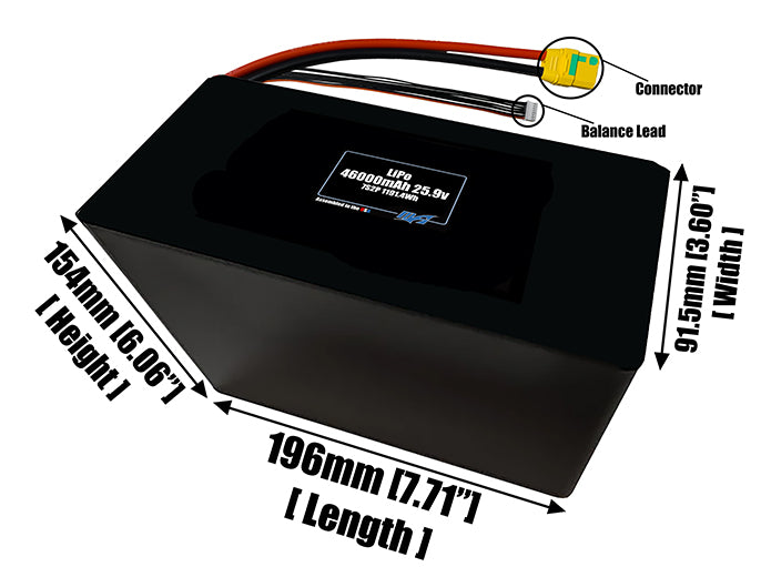 Size reference photo of the 46000mAh 25.9V LiPo pack showing 196 mm by 91.5 mm by 154 mm dimensions ideal for drones or large robotic systems where space matters.