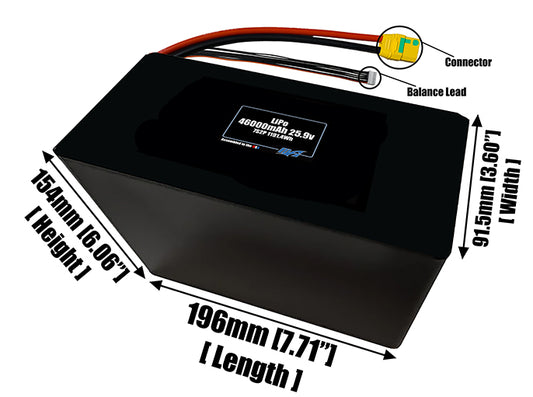 Size reference photo of the 46000mAh 25.9V LiPo pack showing 196 mm by 91.5 mm by 154 mm dimensions ideal for drones or large robotic systems where space matters.