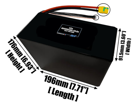 Size reference photo of the 46000mAh 29.6V LiPo pack showing 196 mm by 91.5 mm by 176 mm dimensions ideal for drones or large robotic systems where space matters.