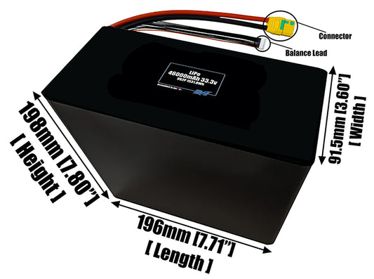 Size reference photo of the 46000mAh 33.3V LiPo pack showing 196 mm by 91.5 mm by 198 mm dimensions ideal for drones or large robotic systems where space matters.