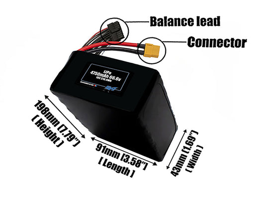 Size reference photo of the 4750mAh 66.6V LiPo pack showing 91 mm by 43 mm by 198 mm dimensions ideal for drones or robotic systems where space matters.