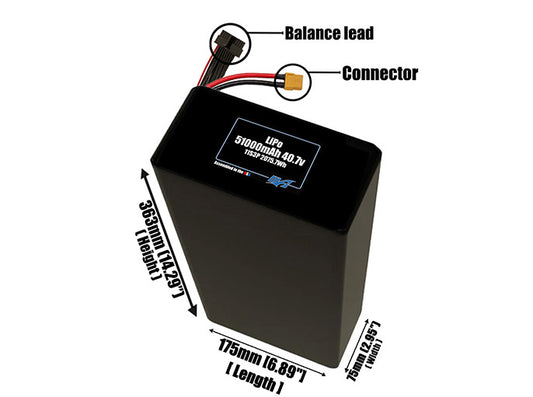 Size reference photo of the 51000mAh 40.7V LiPo pack showing 175 mm by 75 mm by 363 mm dimensions ideal for drones or large robotic systems where space matters.