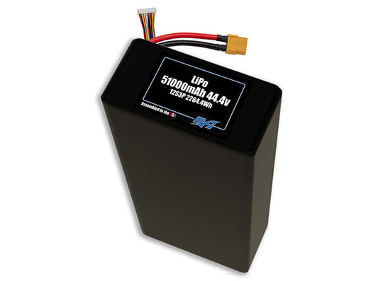 Compact 44.4-volt 51000mAh lithium-polymer battery, built for lightweight drone, UAV, and robotics projects.