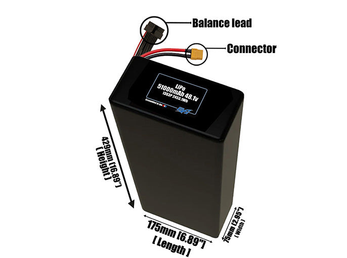 Size reference photo of the 51000mAh 48.1V LiPo pack showing 175 mm by 75 mm by 429 mm dimensions ideal for drones or large robotic systems where space matters.