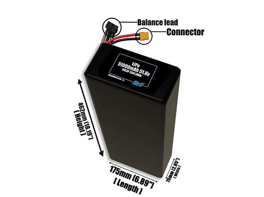 Size reference photo of the 51000mAh 51.8V LiPo pack showing 175 mm by 75 mm by 462 mm dimensions ideal for drones or large robotic systems where space matters.