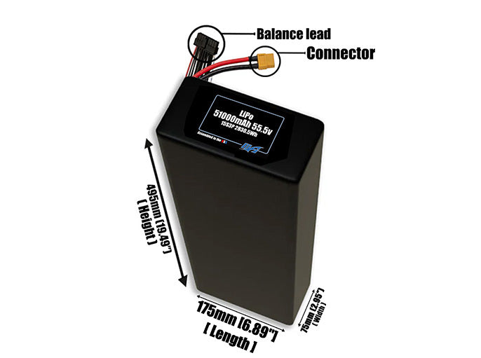 Size reference photo of the 51000mAh 55.5V LiPo pack showing 175 mm by 75 mm by 495 mm dimensions ideal for drones or large robotic systems where space matters.
