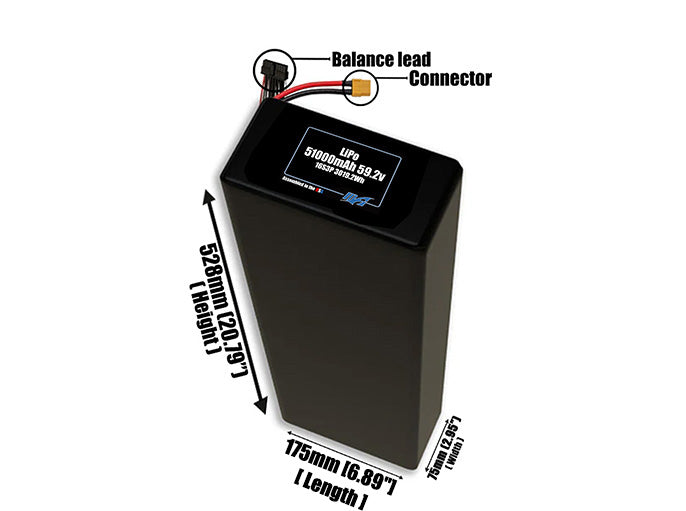 Size reference photo of the 51000mAh 59.2V LiPo pack showing 175 mm by 75 mm by 528 mm dimensions ideal for drones or large robotic systems where space matters.