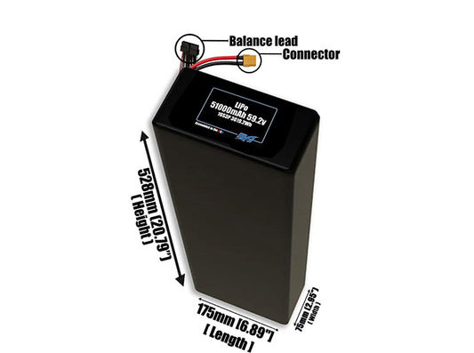 Size reference photo of the 51000mAh 59.2V LiPo pack showing 175 mm by 75 mm by 528 mm dimensions ideal for drones or large robotic systems where space matters.