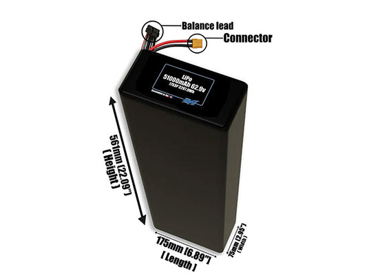 Size reference photo of the 51000mAh 62.9V LiPo pack showing 175 mm by 75 mm by 561 mm dimensions ideal for drones or large robotic systems where space matters.