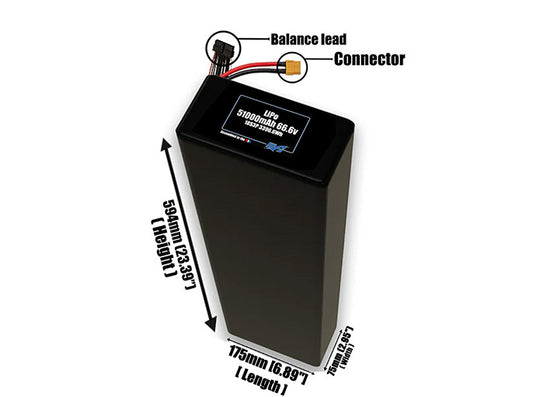 Size reference photo of the 51000mAh 66.6V LiPo pack showing 175 mm by 75 mm by 594 mm dimensions ideal for drones or large robotic systems where space matters.