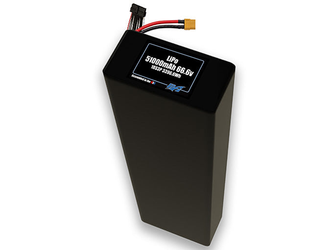 Compact 66.6-volt 51000mAh lithium-polymer battery, built for lightweight drone, UAV, and robotics projects.