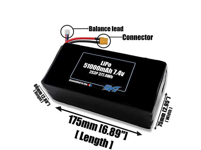 Size reference photo of the 51000mAh 7.4V LiPo pack showing 175 mm by 75 mm by 66 mm dimensions ideal for drones or large robotic systems where space matters.