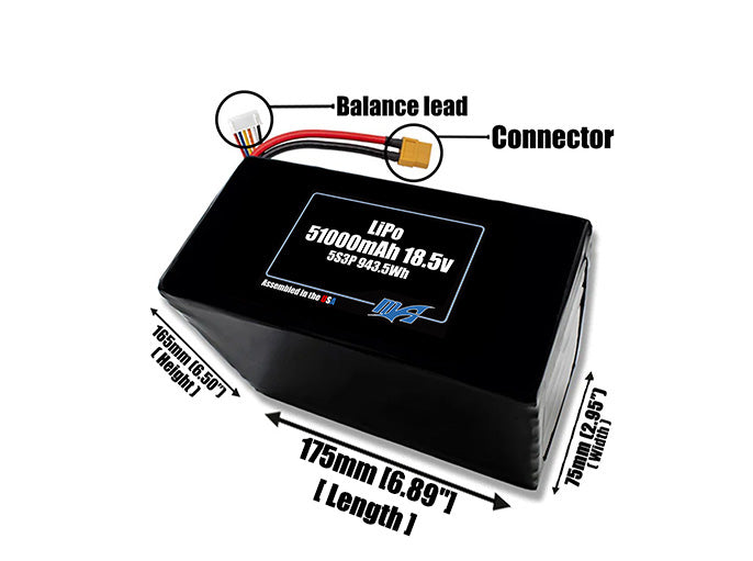 Size reference photo of the 51000mAh 18.5V LiPo pack showing 175 mm by 75 mm by 165 mm dimensions ideal for drones or large robotic systems where space matters.