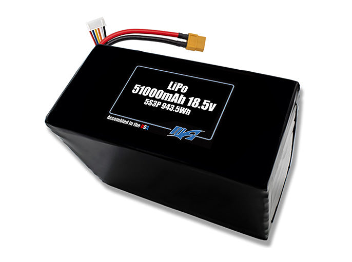 Compact 18.5-volt 51000mAh lithium-polymer battery, built for lightweight drone, UAV, and robotics projects.