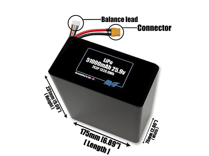 Size reference photo of the 51000mAh 25.9V LiPo pack showing 175 mm by 75 mm by 231 mm dimensions ideal for drones or large robotic systems where space matters.
