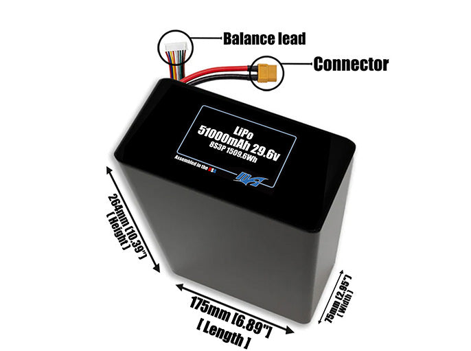 Size reference photo of the 51000mAh 29.6V LiPo pack showing 175 mm by 75 mm by 264 mm dimensions ideal for drones or large robotic systems where space matters.