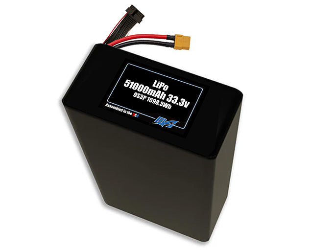 Compact 33.3-volt 51000mAh lithium-polymer battery, built for lightweight drone, UAV, and robotics projects.