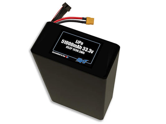 Compact 33.3-volt 51000mAh lithium-polymer battery, built for lightweight drone, UAV, and robotics projects.