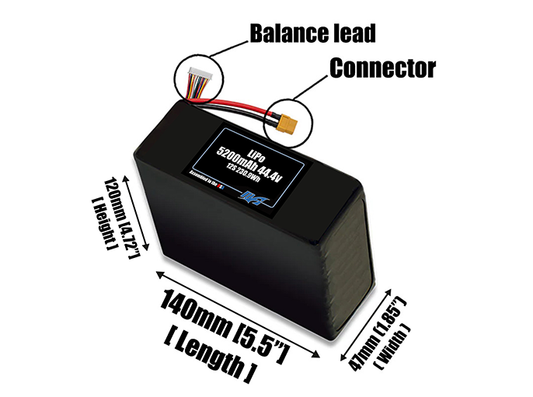 Size reference photo of the 5200mAh 44.4V LiPo pack showing 140 mm by 47 mm by 120 mm dimensions ideal for drones or robotic systems where space matters.