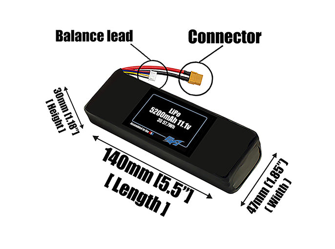 Size reference photo of the 5200mAh 11.1V LiPo pack showing 140 mm by 47 mm by 30 mm dimensions ideal for drones or robotic systems where space matters.