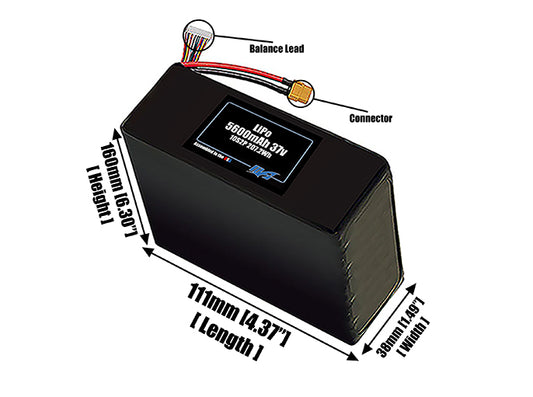 Size reference photo of the 5600mAh 37V LiPo pack showing 111 mm by 38 mm by 160 mm dimensions ideal for drones or robotic systems where space matters.