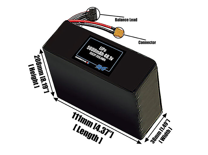 Size reference photo of the 5600mAh 48.1V LiPo pack showing 111 mm by 38 mm by 208 mm dimensions ideal for drones or robotic systems where space matters.