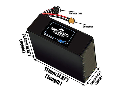 Size reference photo of the 5600mAh 51.8V LiPo pack showing 111 mm by 38 mm by 224 mm dimensions ideal for drones or robotic systems where space matters.