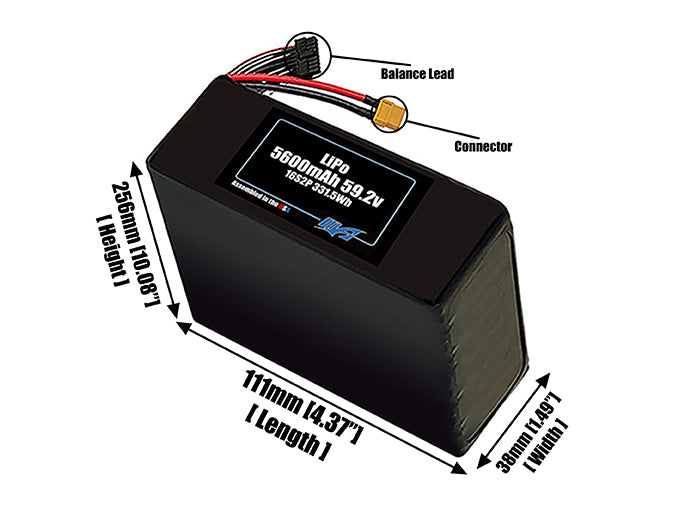 Size reference photo of the 5600mAh 59.2V LiPo pack showing 111 mm by 38 mm by 256 mm dimensions ideal for drones or robotic systems where space matters.