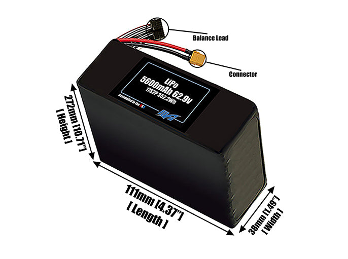 Size reference photo of the 5600mAh 62.9V LiPo pack showing 111 mm by 38 mm by 272 mm dimensions ideal for drones or robotic systems where space matters.