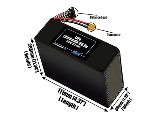 Size reference photo of the 5600mAh 66.6V LiPo pack showing 111 mm by 38 mm by 288 mm dimensions ideal for drones or robotic systems where space matters.