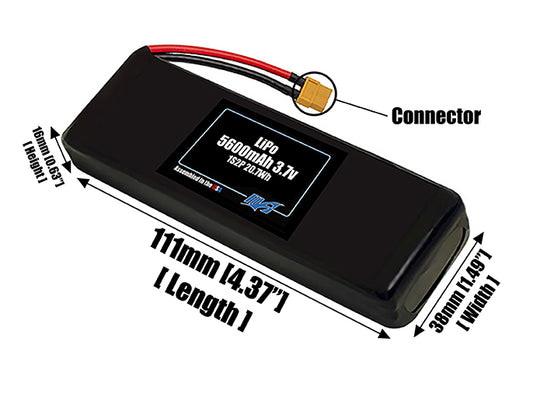 Size reference photo of the 5600mAh 3.7V LiPo pack showing 111 mm by 38 mm by 16 mm dimensions ideal for drones or robotic systems where space matters.